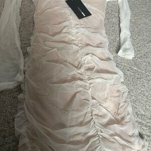 Fashion Nova Sheer Ruched Long Sleeve Dress in Ivory Blush mini